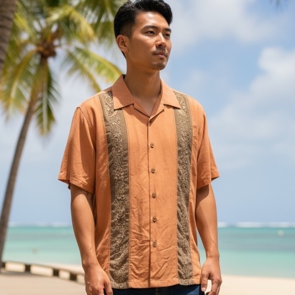 Caribbean Men's Orange Silk Lyocell Short Sleeve Button Up Shirt Tropical Floral